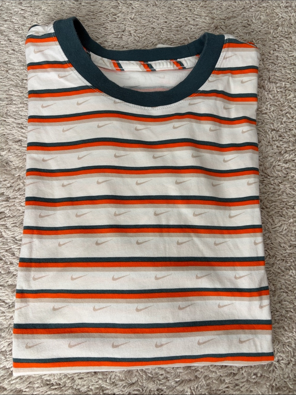 Men’s Nike White Striped Tee with Orange & Dark Green Accents